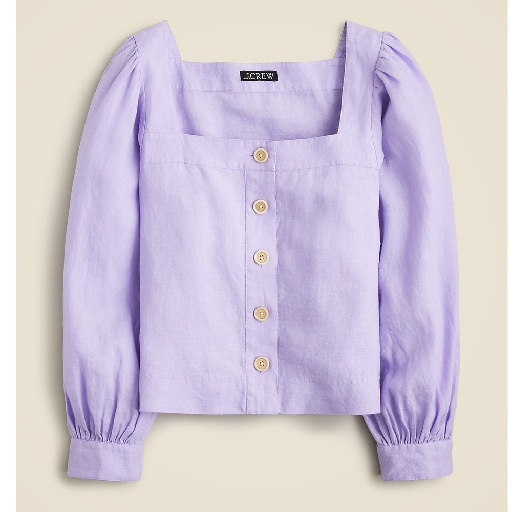 J. Crew Women's Romantic Lavender Linen Long-Sleeve Blouse XL Puffed Sleeves